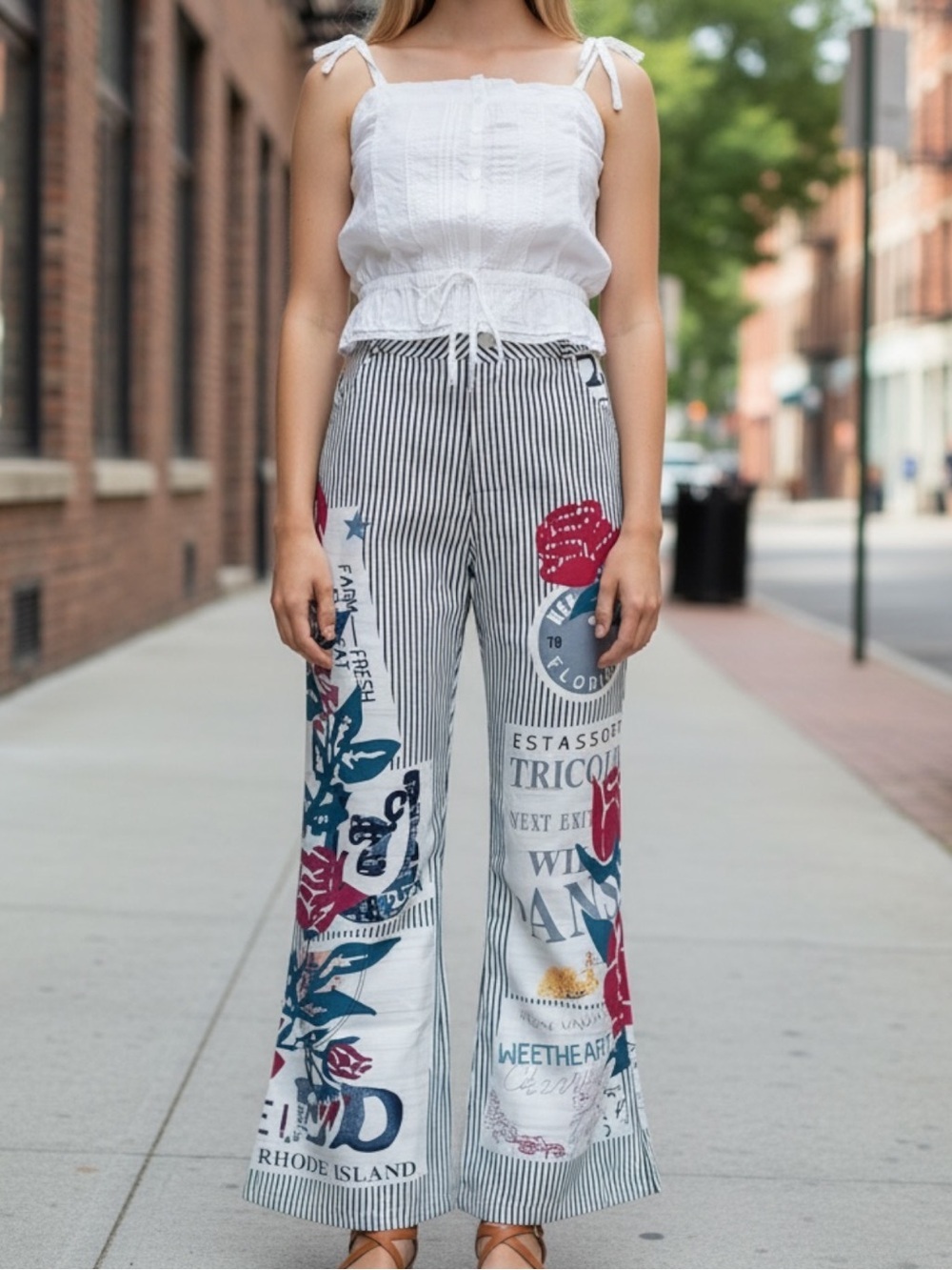 NWT Boho Artsy Graphic Print High Waist Pants White/Multi SZ XL